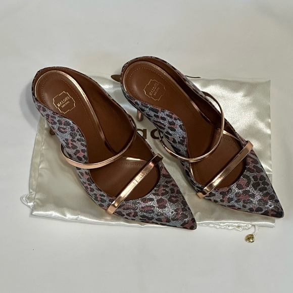 Malone Souliers Leopard Print Maureen Mules with Rose Gold Straps and heel - Picture 4 of 8